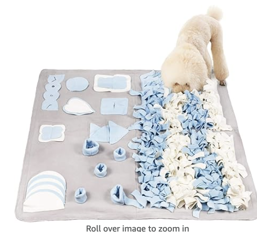 Gray and blue and cream snuffle mat with white dog sniffing in fleece "grass"